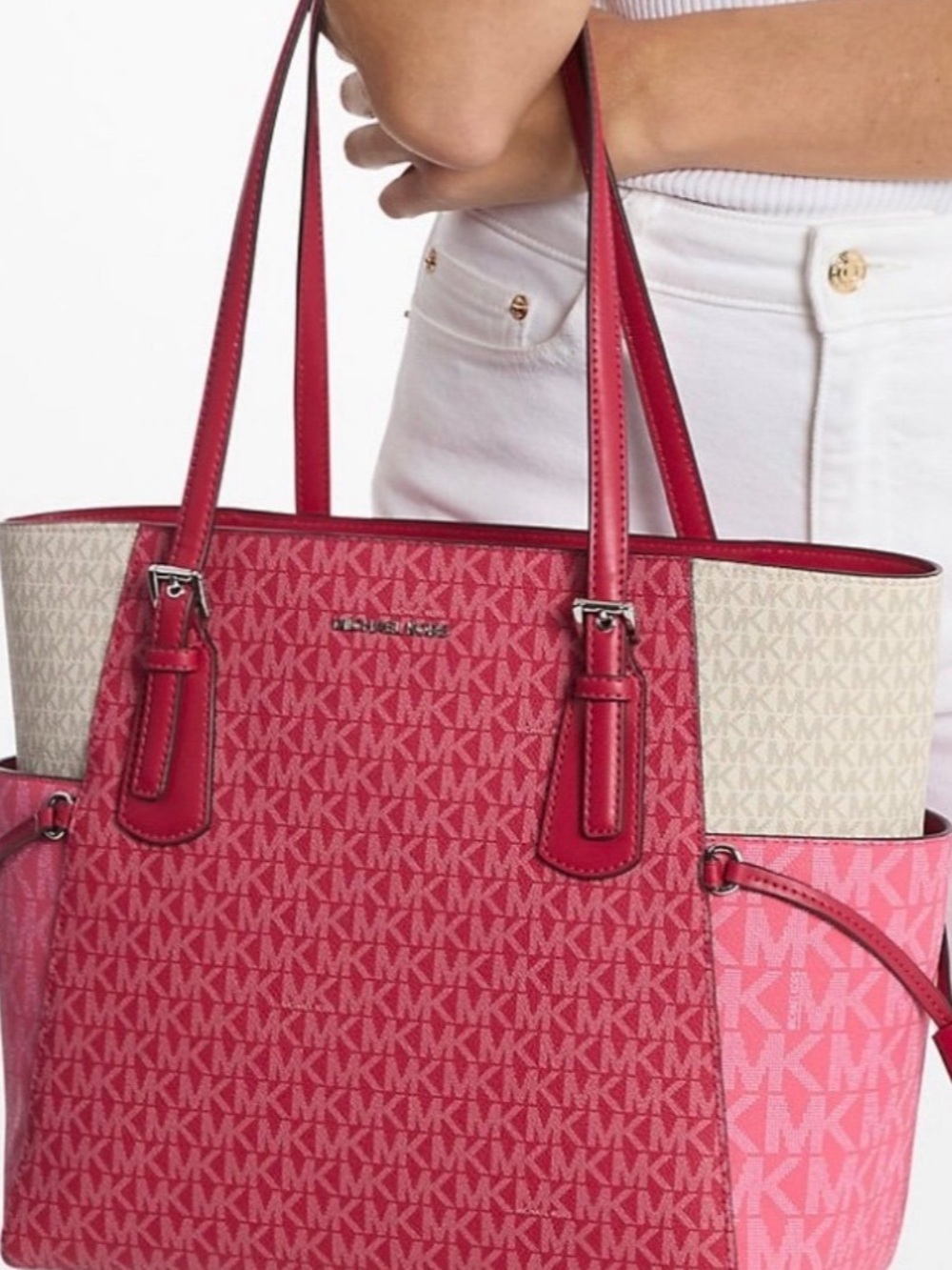 Michael Kors Pink and White Tri-Tone MK Logo Tote - Picture 7 of 15